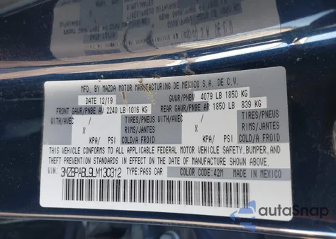 2020 Mazda Mazda3 из США, поврежденный, VIN 3MZBPABL9LM130312